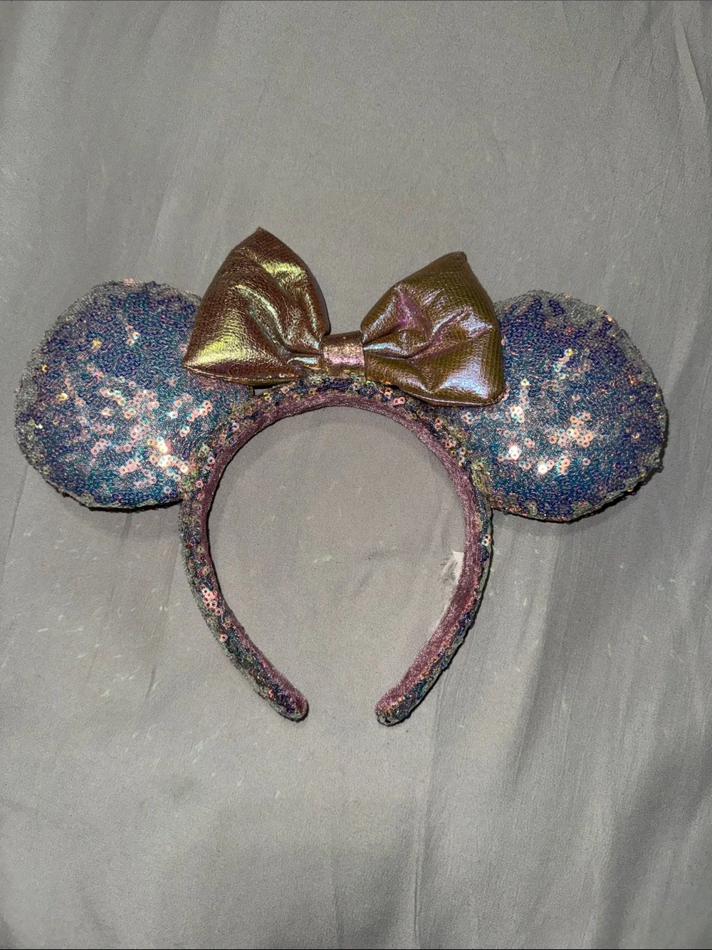 Disney Purple Sequin Mouse Ear Headband with Metallic Gold Bow